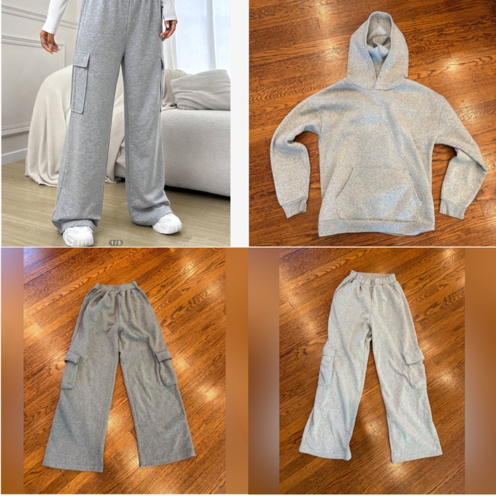 2 pairs of grey cargo sweatpants and a matching hoodie